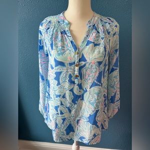 Lilly Pulitzer Elsa Blouse 100% silk  Into The Deep Print Size XS